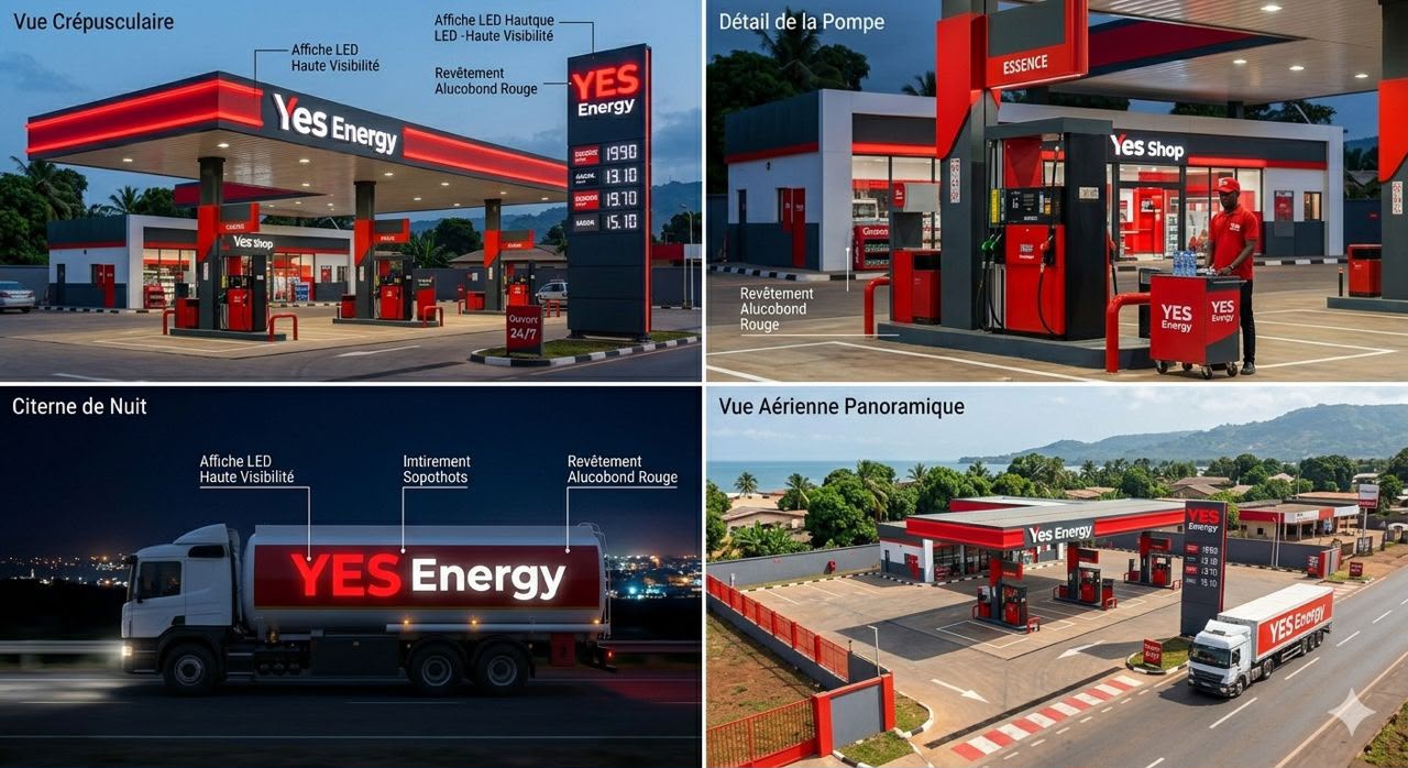 Vue de nuit de la station-service YES Energy